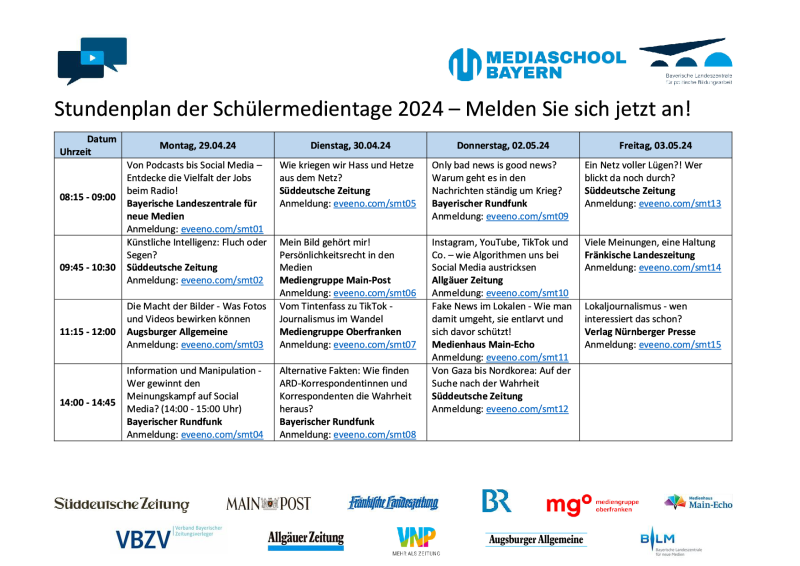 Stundenplan Bayerische Schülermedientage 2024